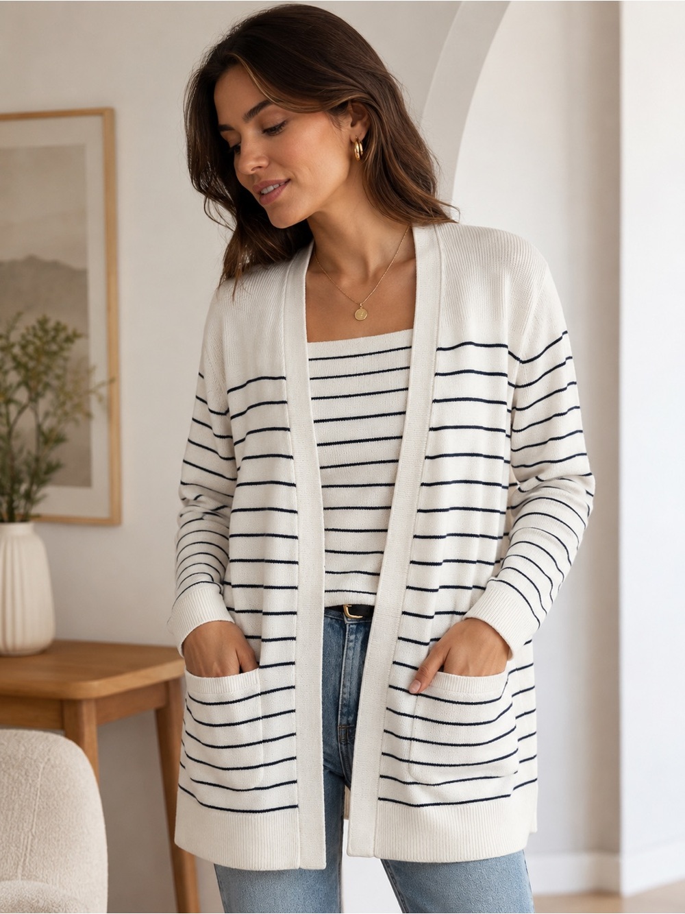 Talbots Striped Open-Front Cardigan Sweater - Ivory size small